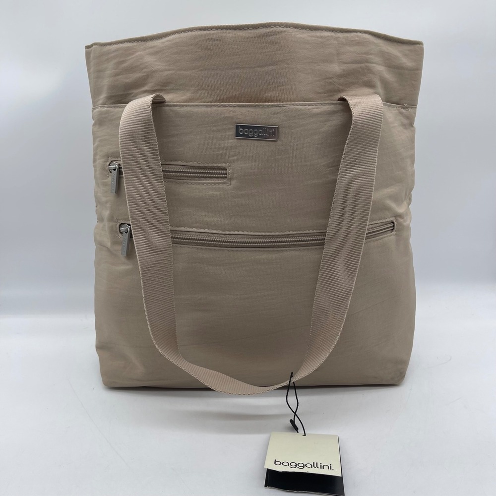 Baggallini 0856211 Shanghai Multi-Zip Travel Tote Bag Beige Khaki Shoulder Purse